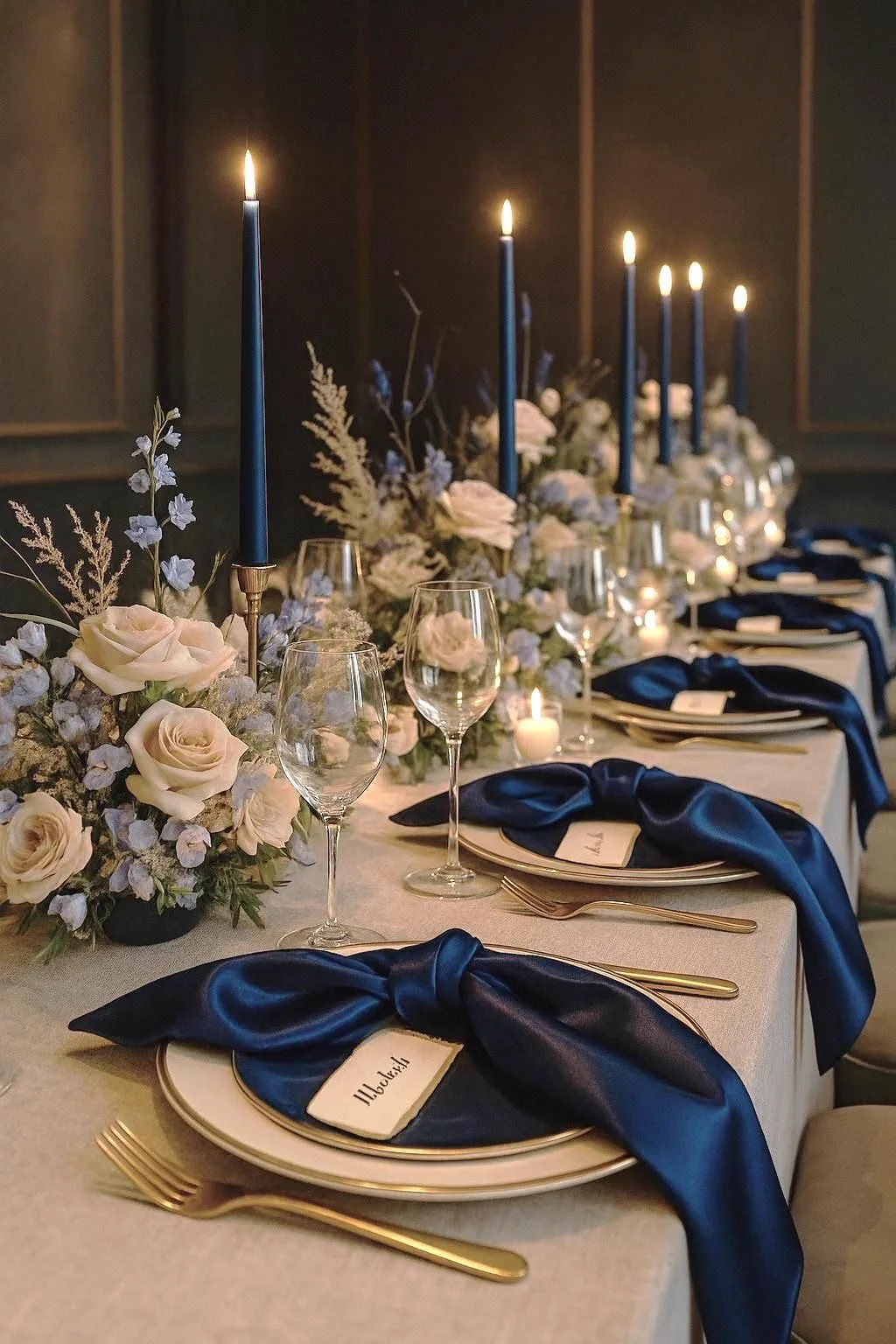 Navy and ivory tablescape with taper candles and gold cutlery
