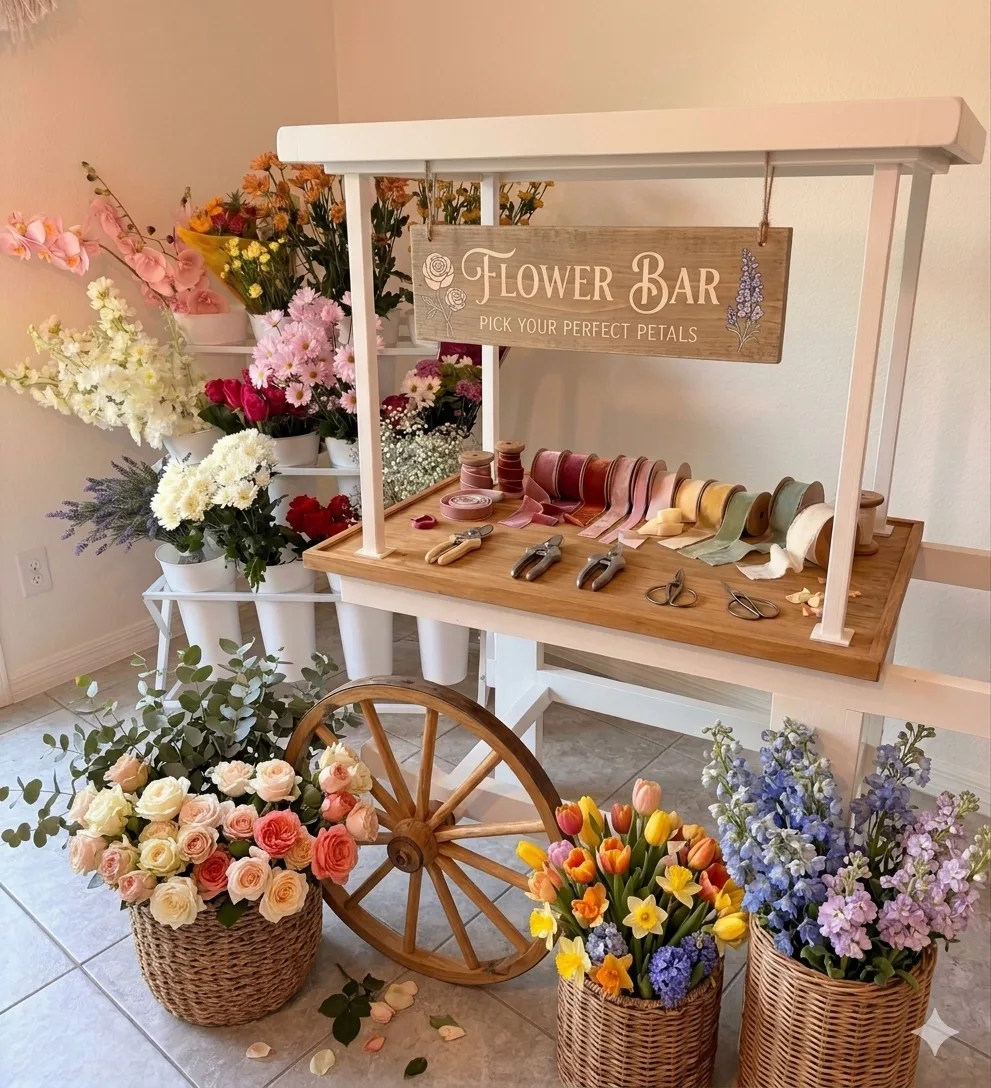 Wooden flower bar cart filled with seasonal blooms