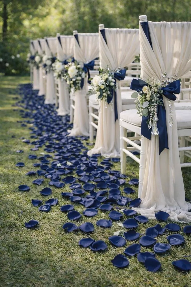 Outdoor wedding aisle lined with draped chairs and petals