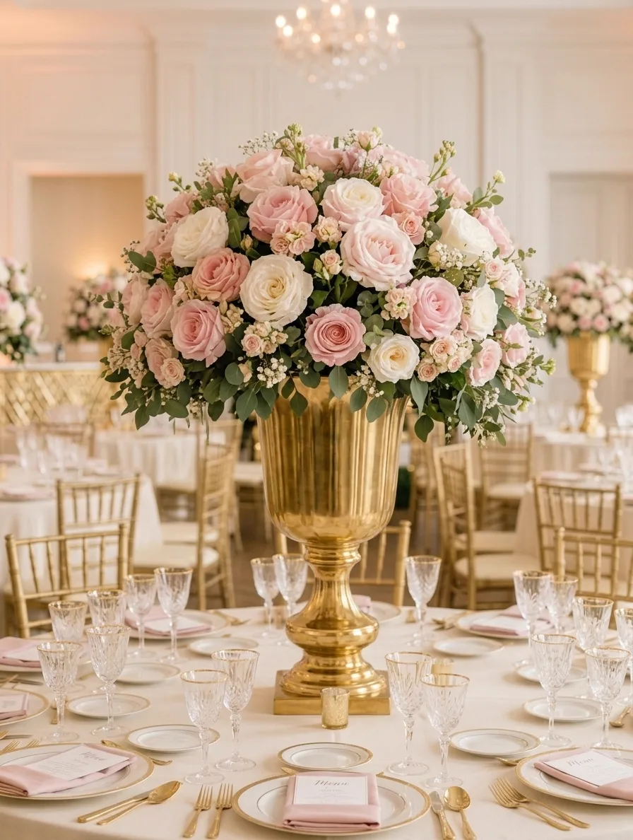 Candlelit table with soft pink roses and glassware