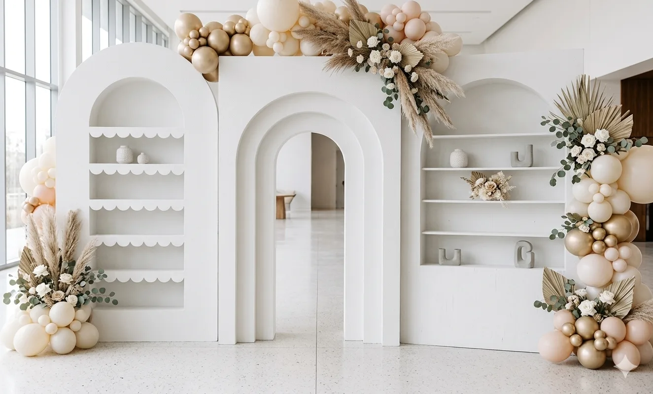 Neutral arch backdrop styled with modern event furniture