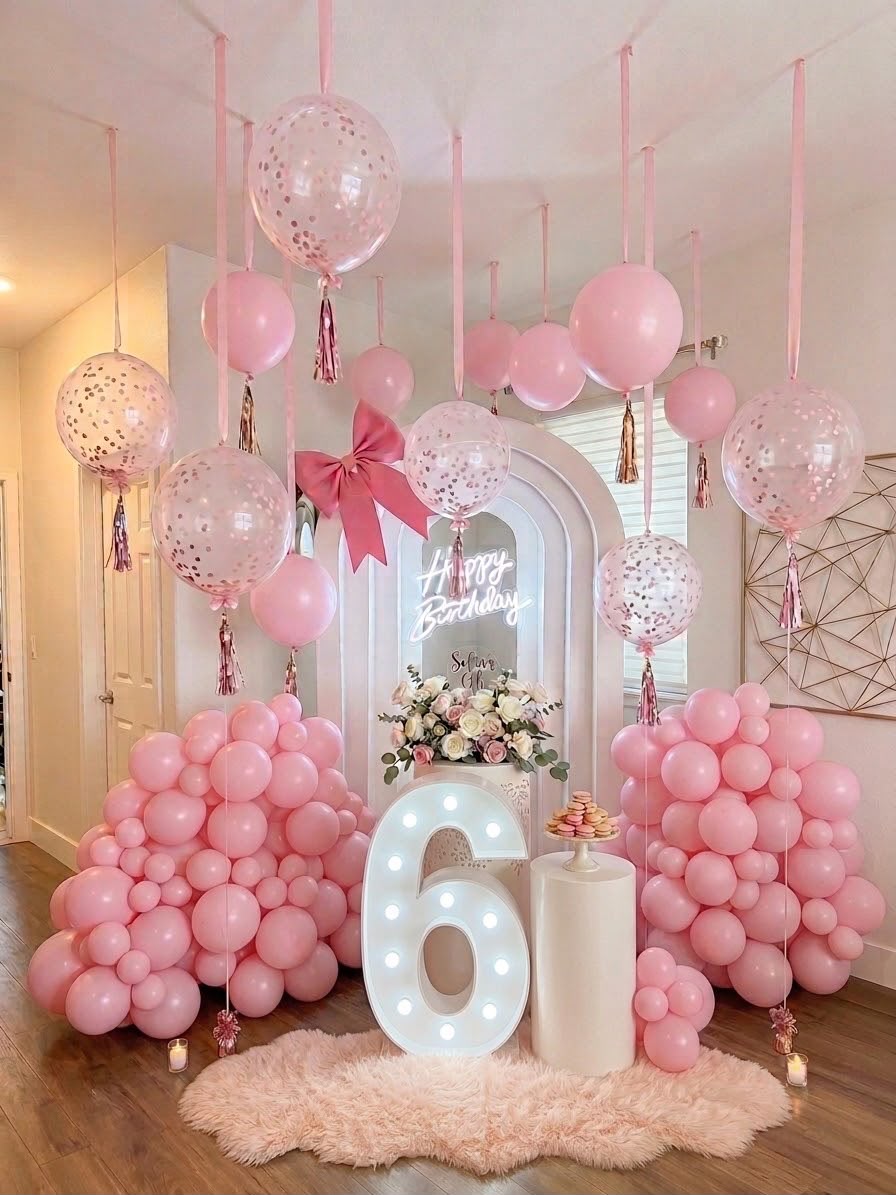 Blush pink balloon installation with lit marquee number and neon happy birthday sign