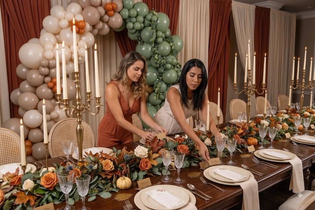 Long dining table styled with woven pendants and layered place settings