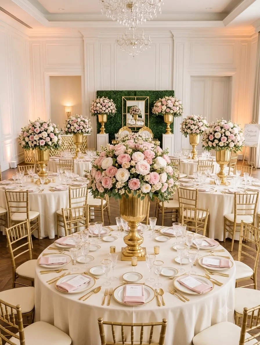 Ballroom wedding reception with tall floral centrepieces and gold accents