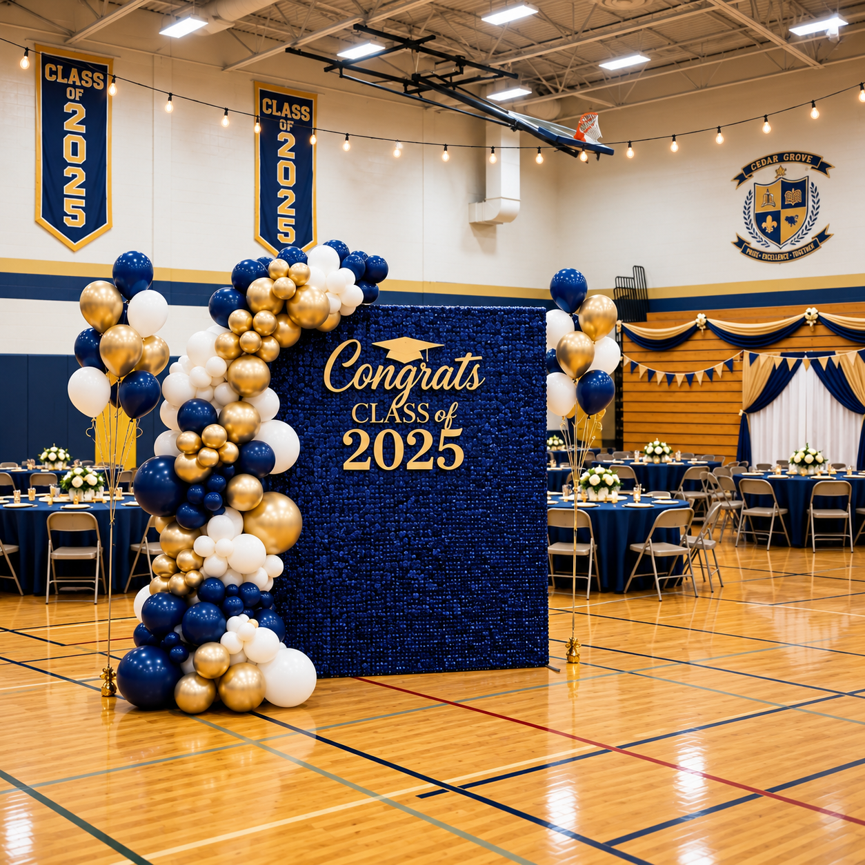 Blue, white and gold Class of 2025 balloon backdrop at a graduation celebration