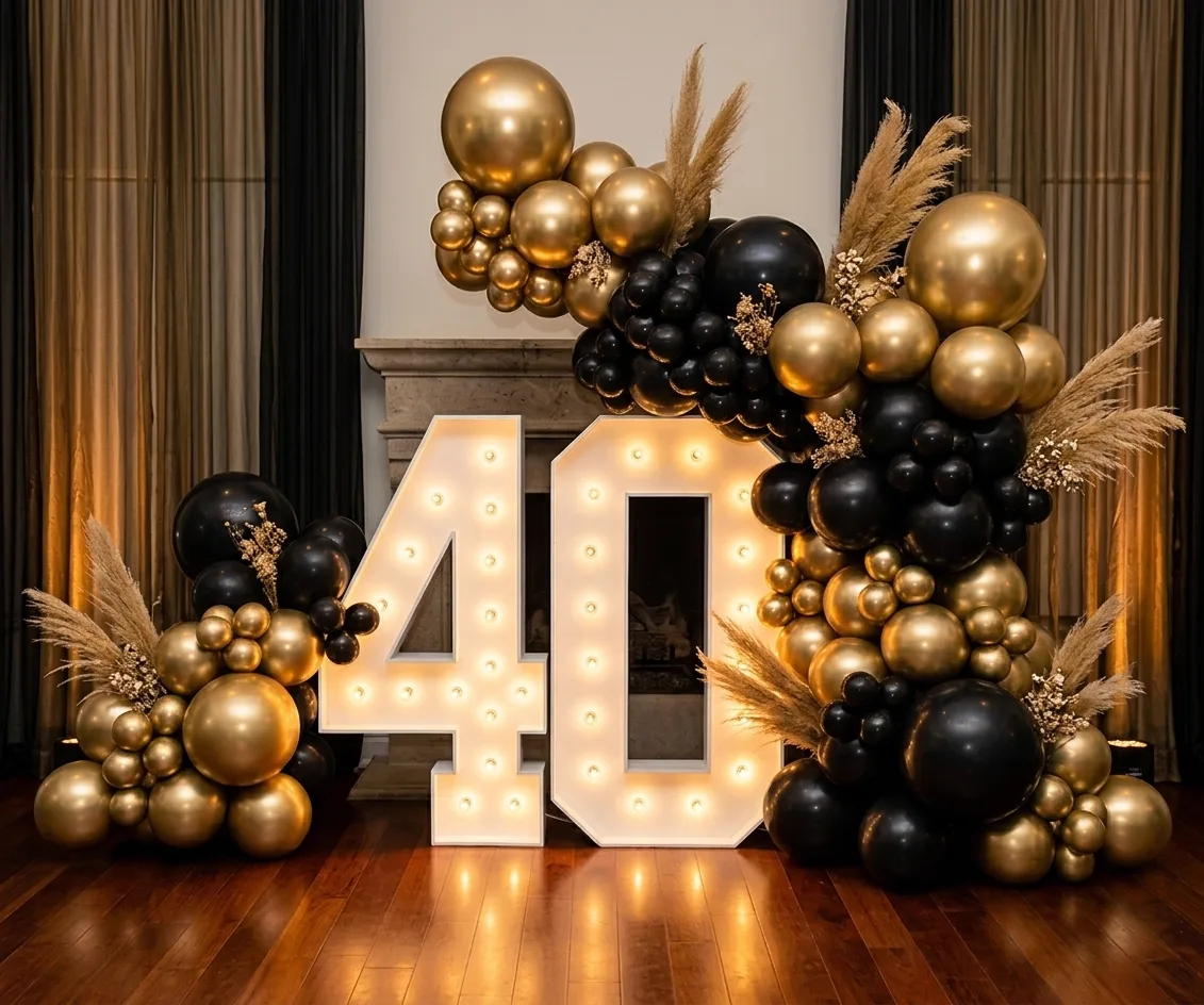 Black and gold balloon installation with lit marquee numbers